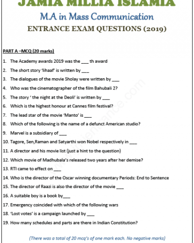 MA in Mass Communication Jamia Question Paper 2019