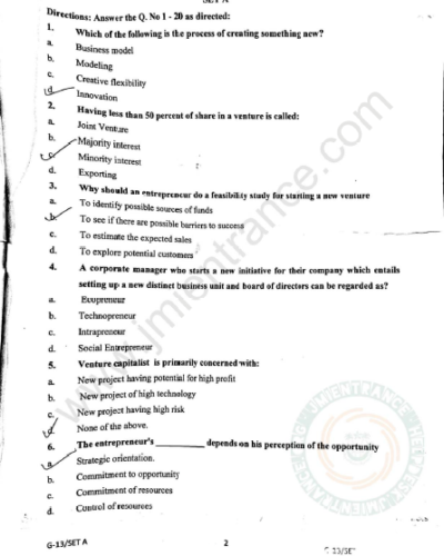 PG Diploma in Entrepreneurship 2020 - Jamia Entrance Question Paper