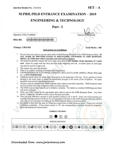 PhD Electronics (Part-I & II) 2019 - Jamia Entrance Paper