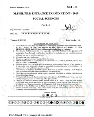PhD Social Science (Part- I & II) 2019 - Jamia Entrance Paper