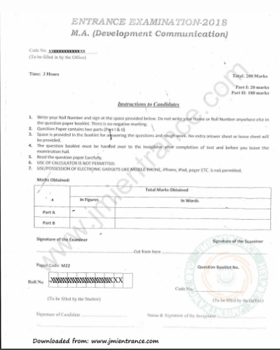 M.A Development Communication 2018 - Jamia Entrance Paper