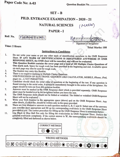 Ph.D Natural Sciences & Mathematics 2020 - Jamia Entrance Paper