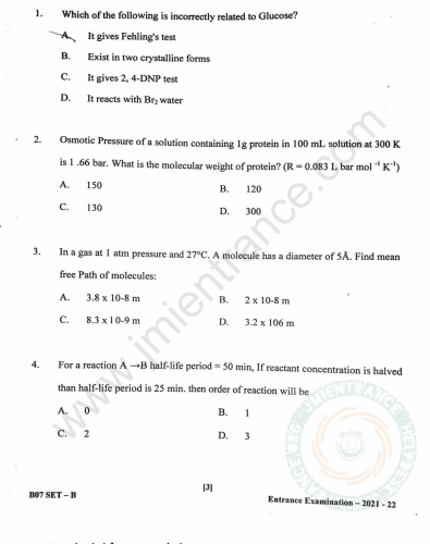 BSc Biotechnology & Bioscience 2021 - Jamia Entrance Question Paper