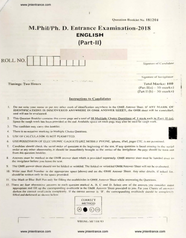 PhD English (Part II - A & B) 2018 - Jamia Entrance Paper