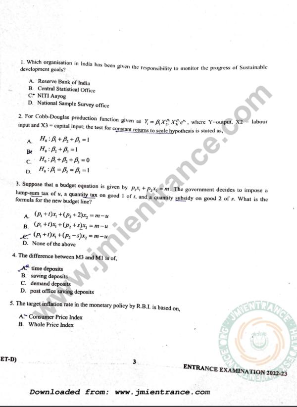 MA Economics 2022 - Jamia Entrance Question Paper
