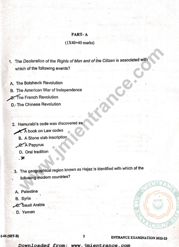 MA History 2022 - Jamia Entrance Question Paper