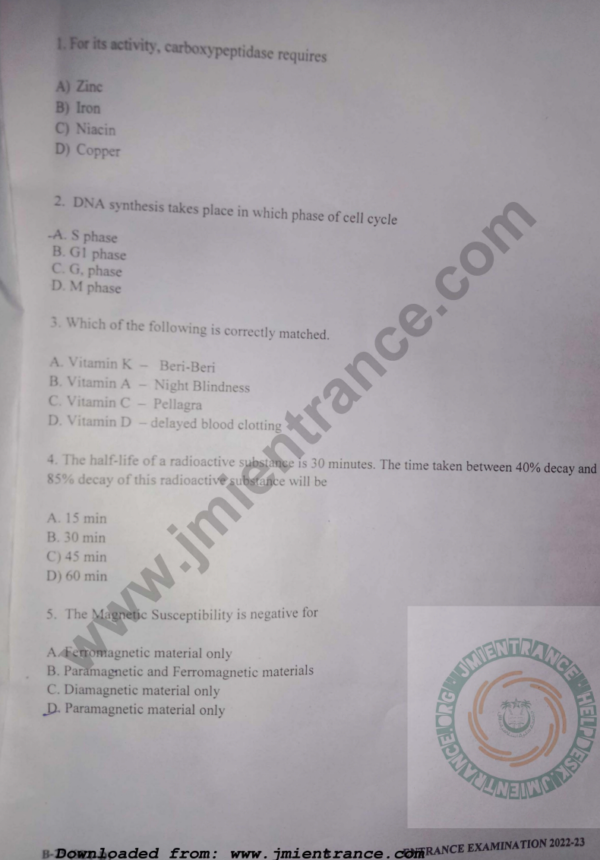 BPT (Bachelor of Physiotherapy) 2022 - Jamia Entrance Question Paper