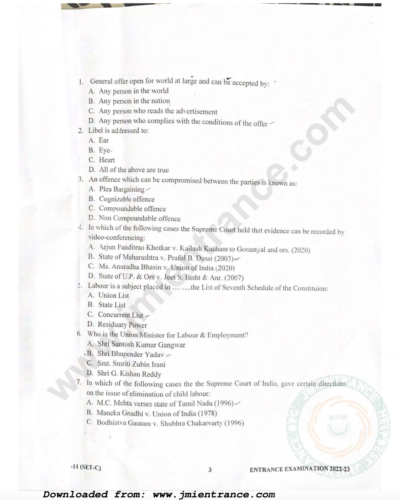 PG Diploma in Labour Law 2022 - Jamia Entrance Paper