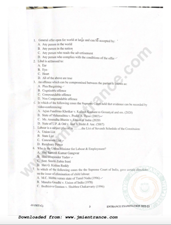 PG Diploma in Labour Law 2022 - Jamia Entrance Paper
