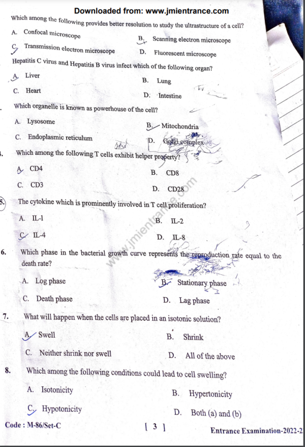 MSc Virology 2022 - Jamia Entrance Question Paper