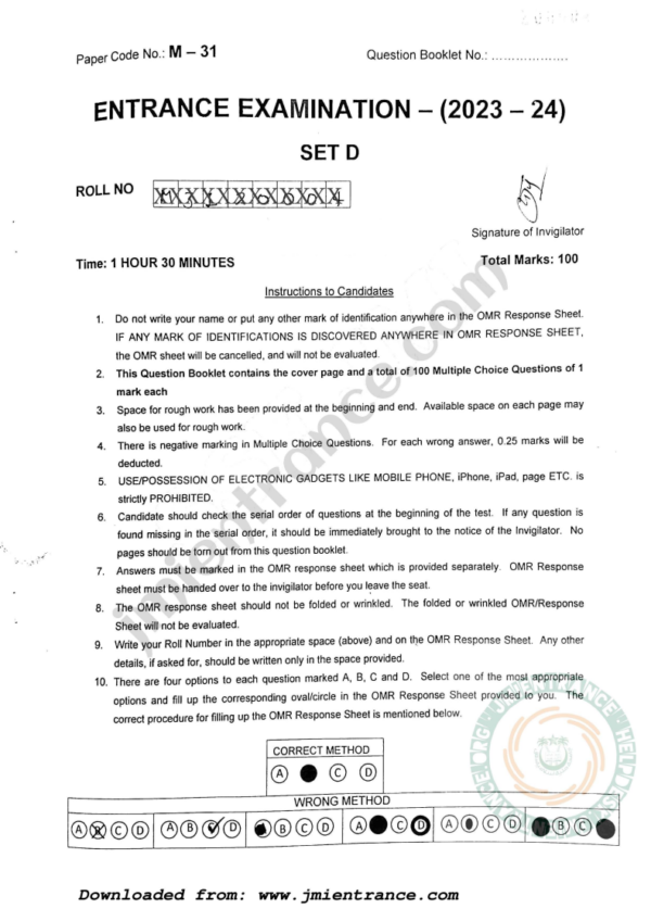 MSc Biotechnology 2023 - Jamia Entrance Question Paper