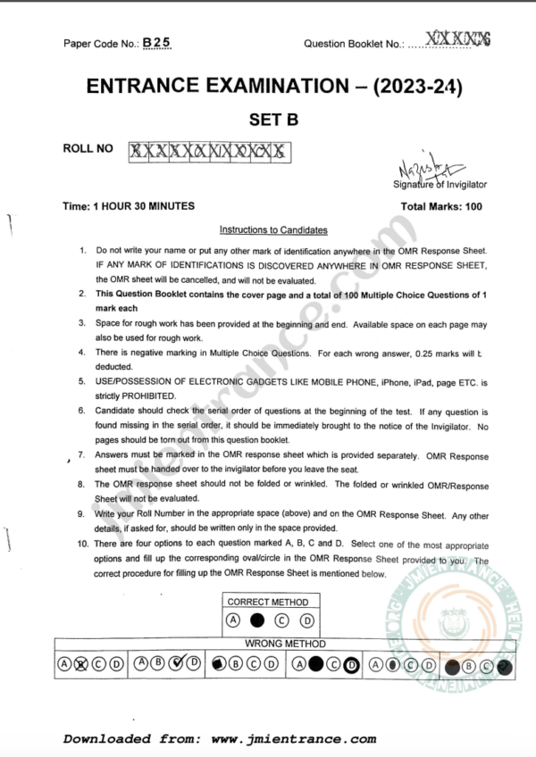 BPT (Bachelor of Physiotherapy) 2023 - Jamia Entrance Question Paper