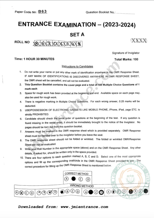 BSc Bioscience 2023 - Jamia Entrance Question Paper