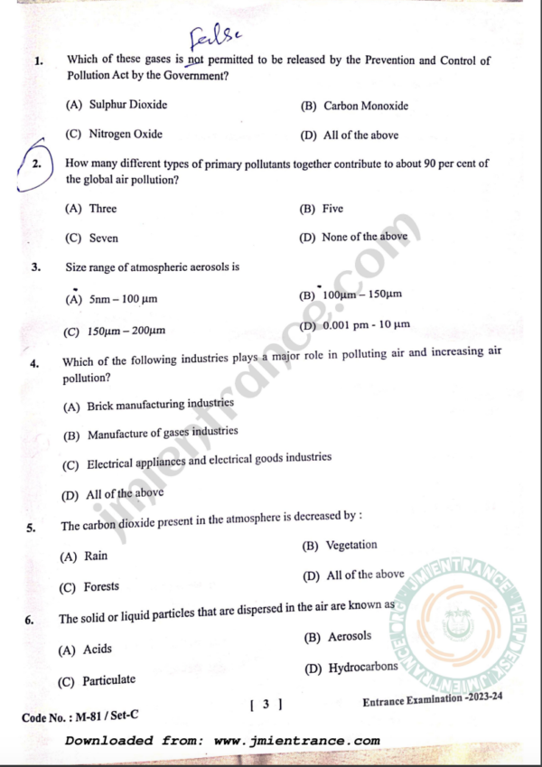 jamia-msc-environmental-2023-entrance-question-paper