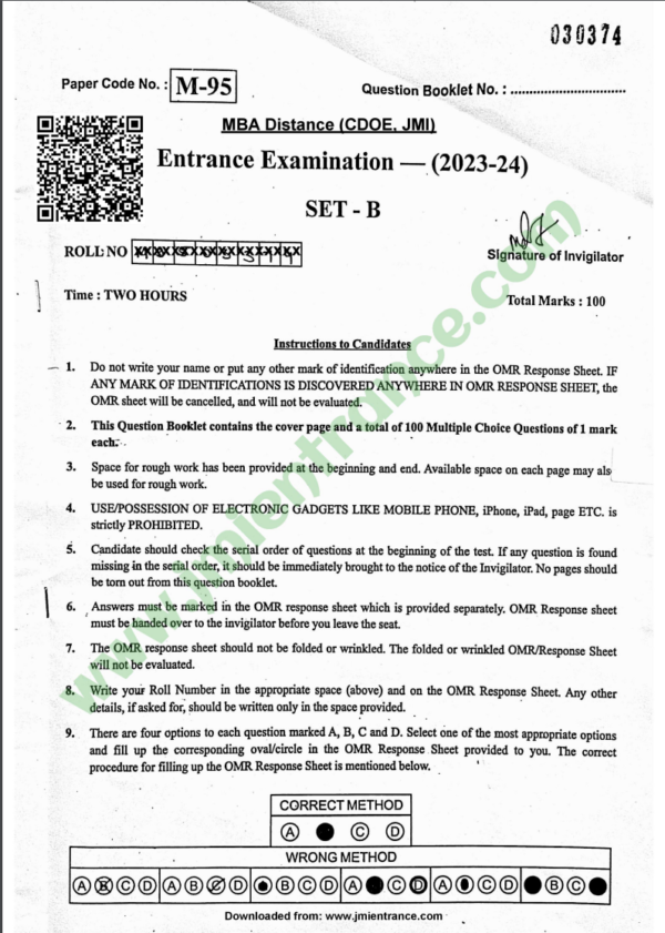 MBA Distance CDOE 2023 - Jamia Entrance Question Paper