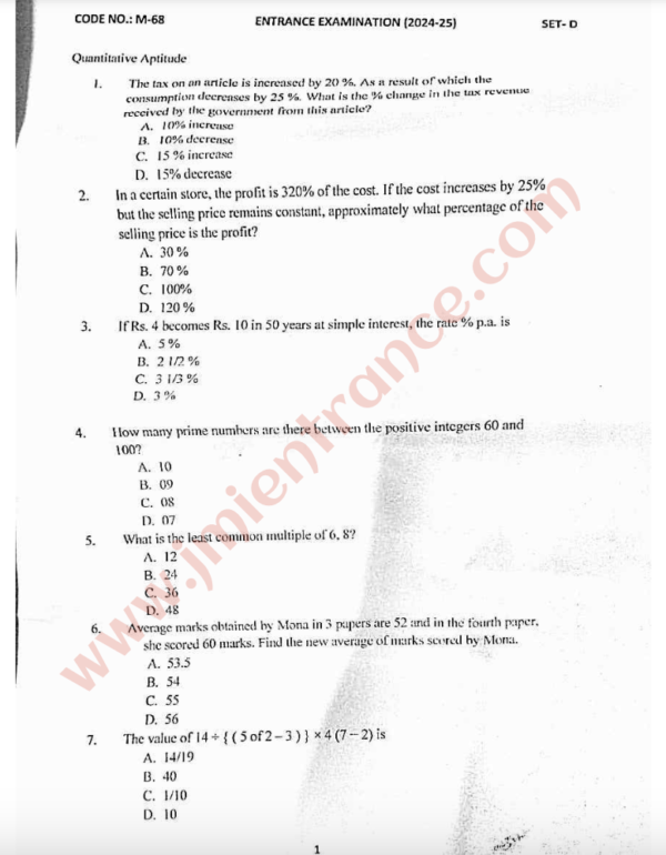 Master of Tourism & Travel Management 2024 - Jamia Entrance Paper