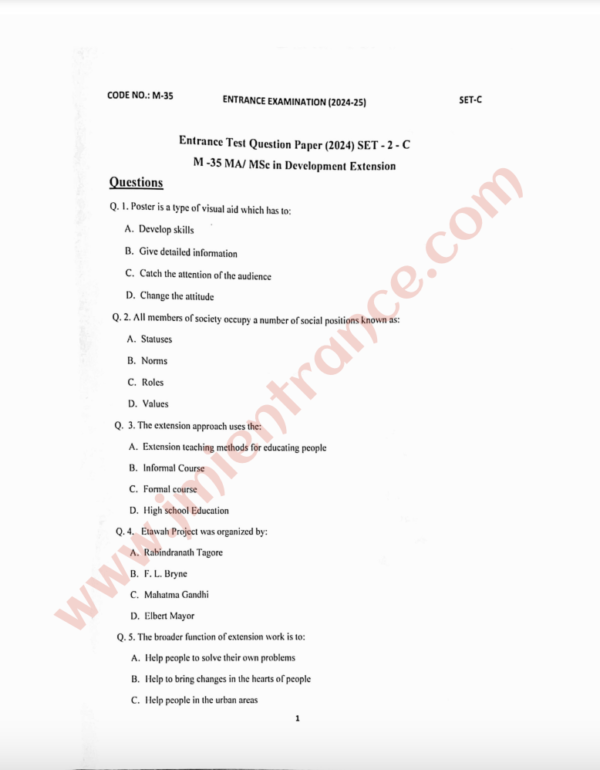 M.A / M.Sc (Development Extension) 2024 - Jamia Entrance Paper