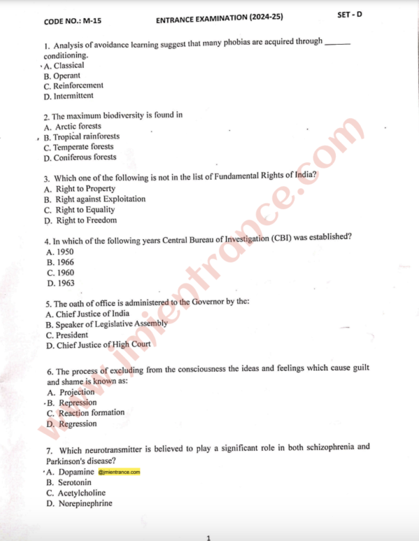 MA Applied Psychology 2024 - Jamia Entrance Question Paper