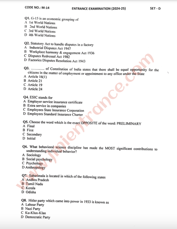 MA Human Resource Management (HRM) 2024 - Jamia Entrance Paper