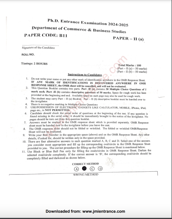 PhD Commerce & Business Studies (Part-II) 2024 - Jamia Question Paper