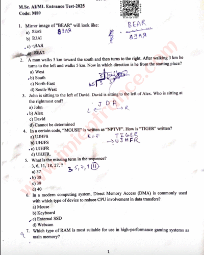 MSc AI and ML 2025 - Jamia Entrance Question Paper