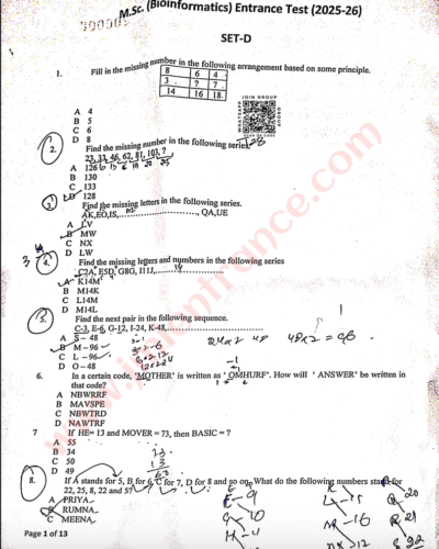 MSc Bioinformatics 2025 - Jamia Entrance Question Paper