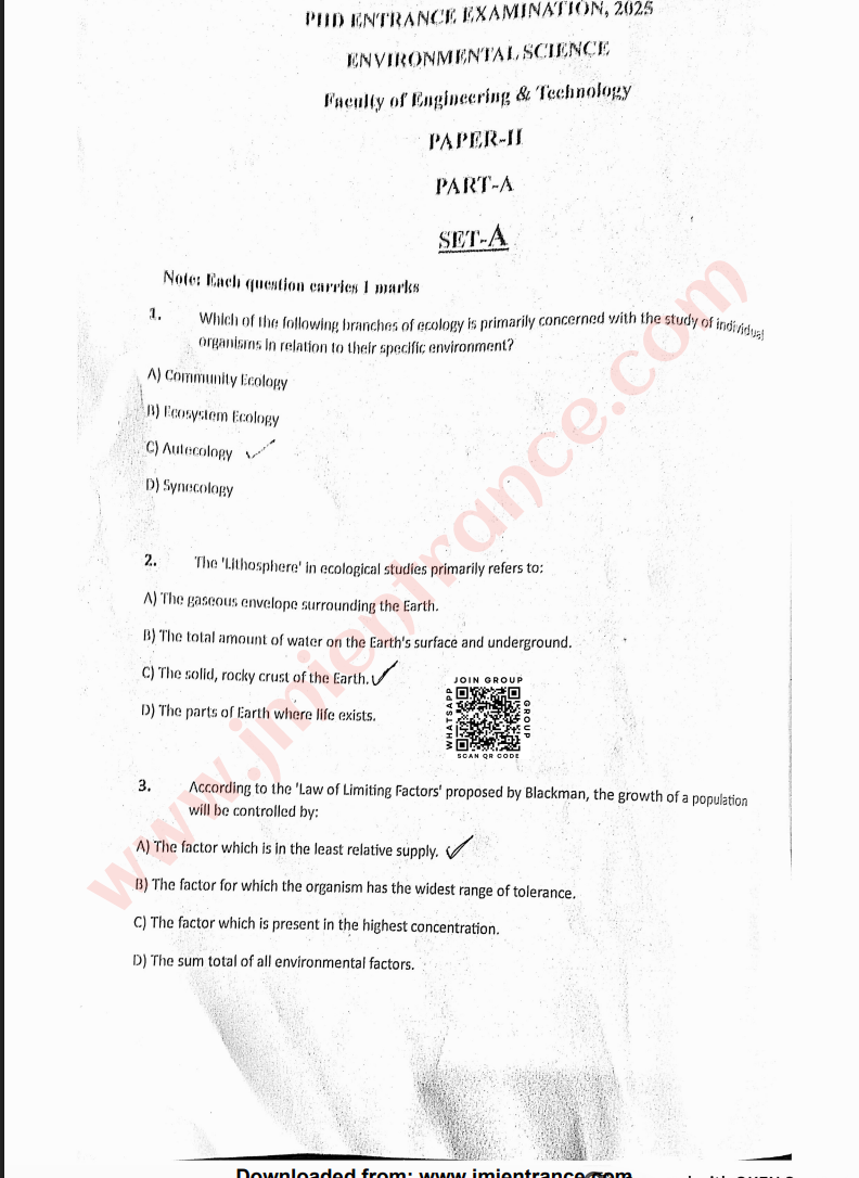 PhD Environmental Science (Paper-II) 2025 - Jamia Entrance Paper