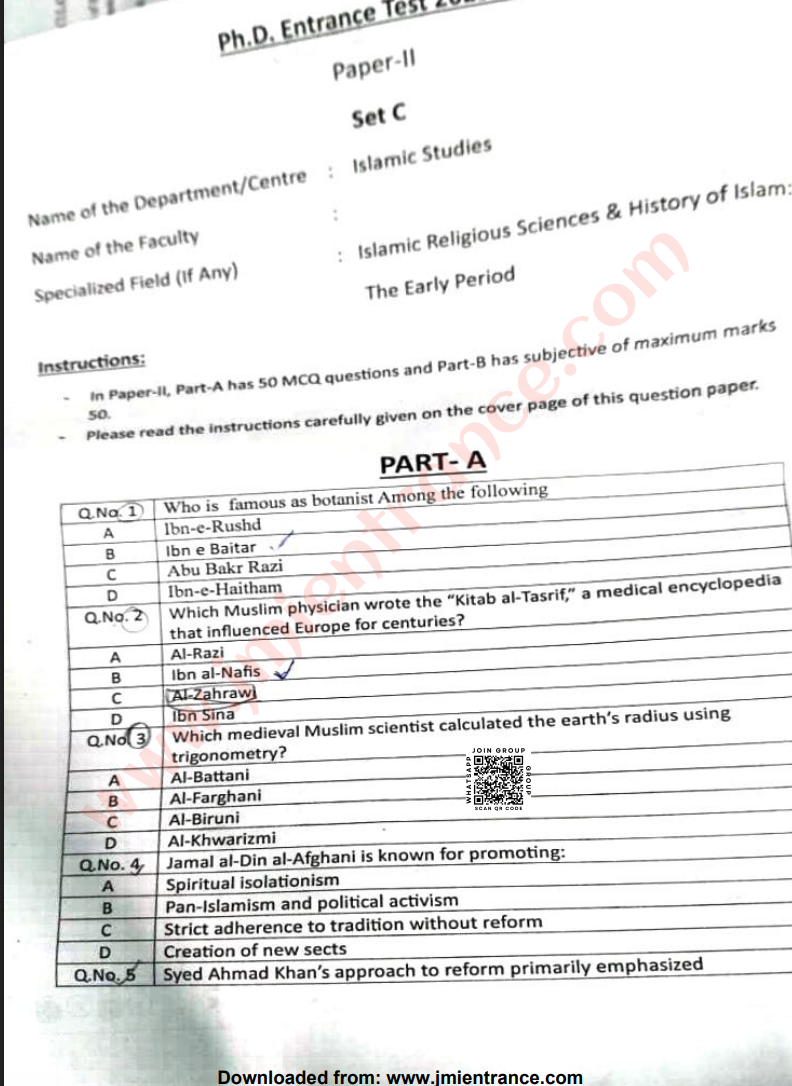 PhD Islamic Studies (Paper-II) 2025 - Jamia Entrance Paper