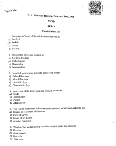 BA (Hons) History 2025 - Jamia Entrance Question Paper