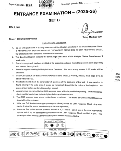 BSc Bioscience 2025 - Jamia Entrance Question Paper