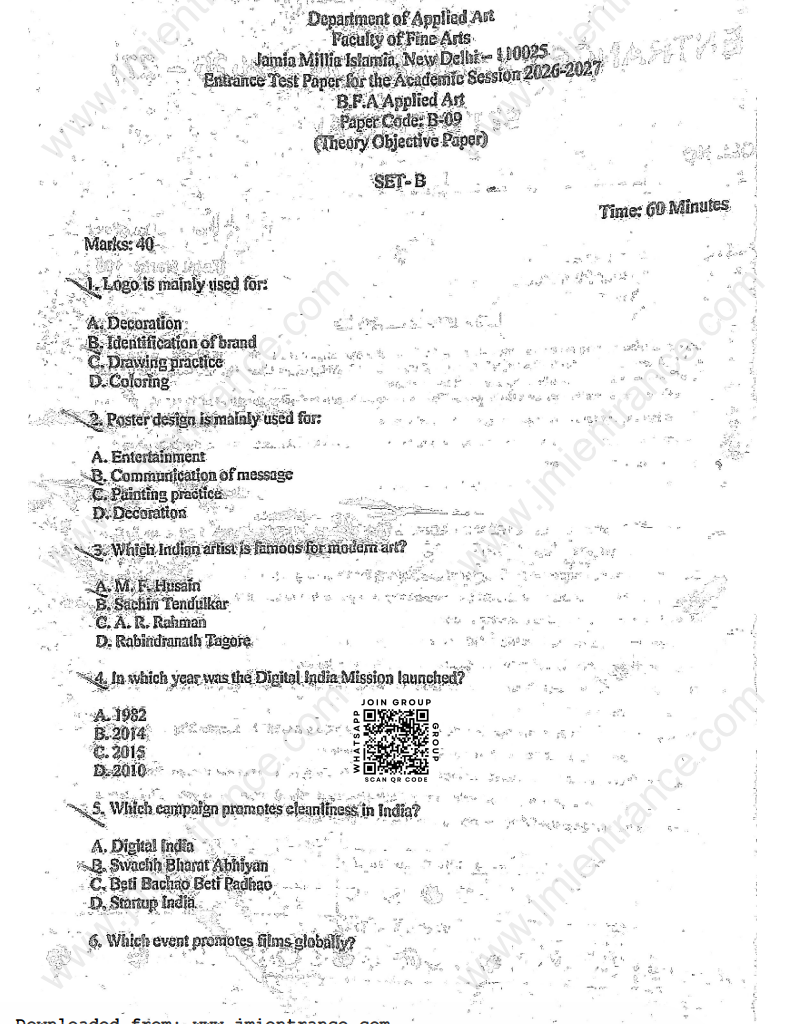 BFA Applied Arts 2026 - Jamia Entrance Question Paper