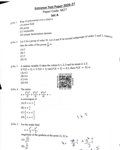 MSc Mathematics & MSc Maths with Computer Science 2026 - Jamia Entrance Question Paper
