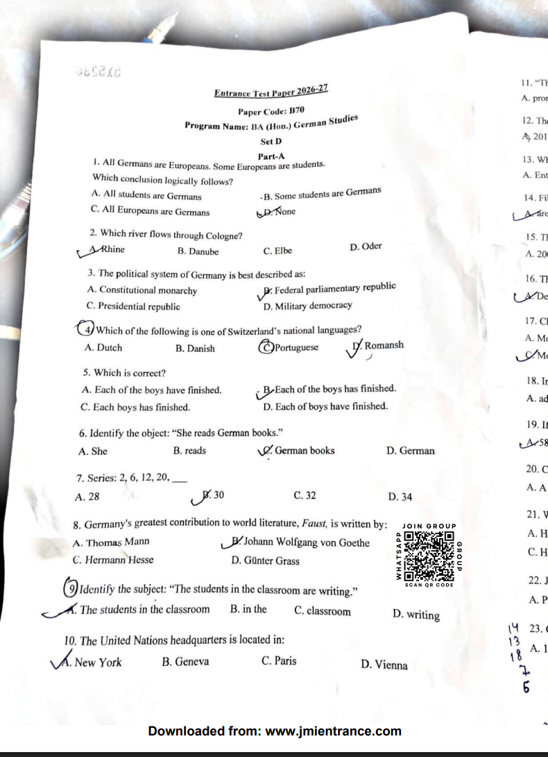 BA (Hons) German Studies 2026 - Jamia Entrance Question Paper