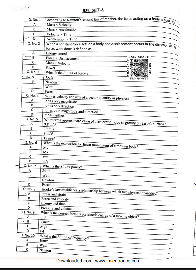 BSc in Aeronautics Mechanical/Avionics 2026 - Jamia Entrance Paper