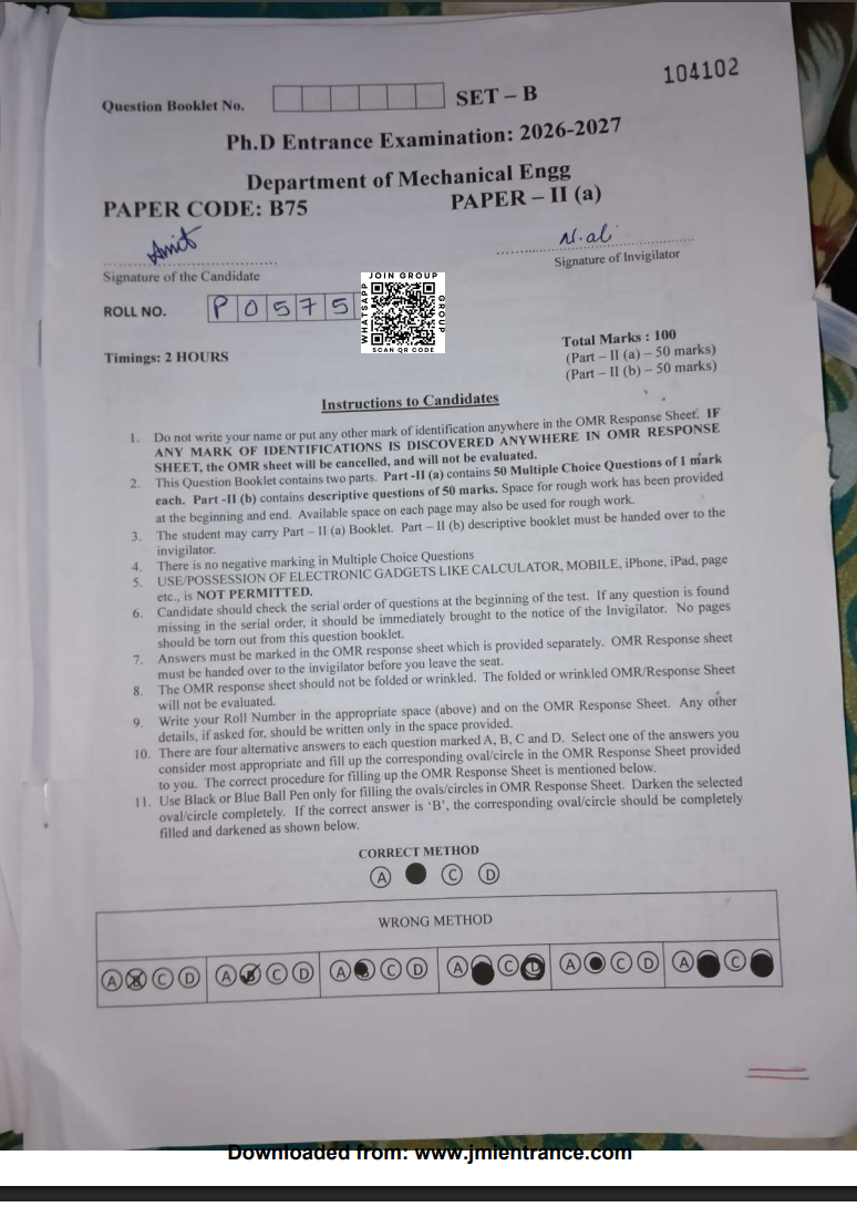 PhD Mechanical Engineering (Part-II) 2026 - Jamia Entrance Paper